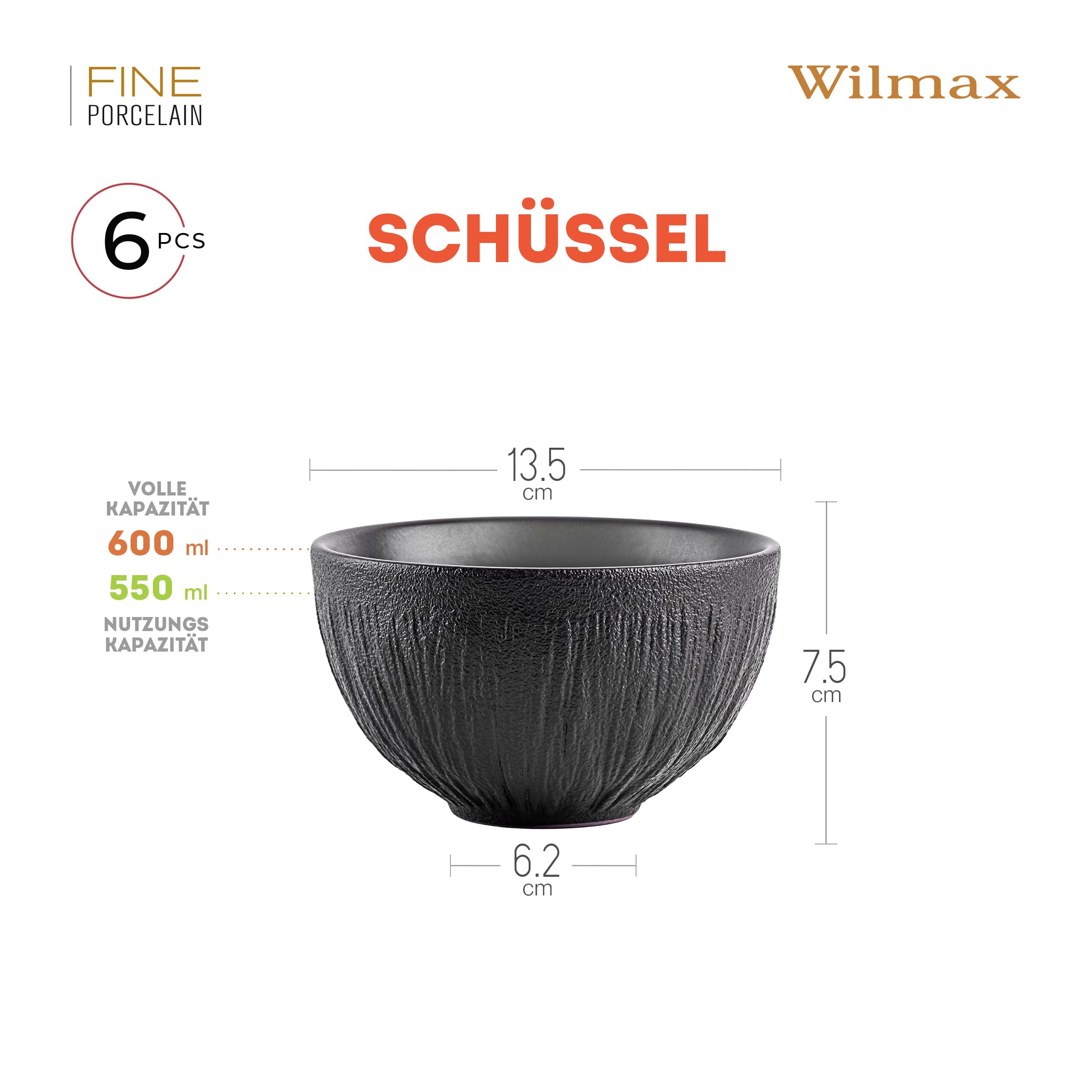 Wilmax - Schale aus Porzellan - 600ml - 6er Set - Salatschüssel - Schwarzer Schüssel für Snacks, Salat -Obstschale - Müsli-Schale - Elegant und Kratzfest - Ideal als Geschenk