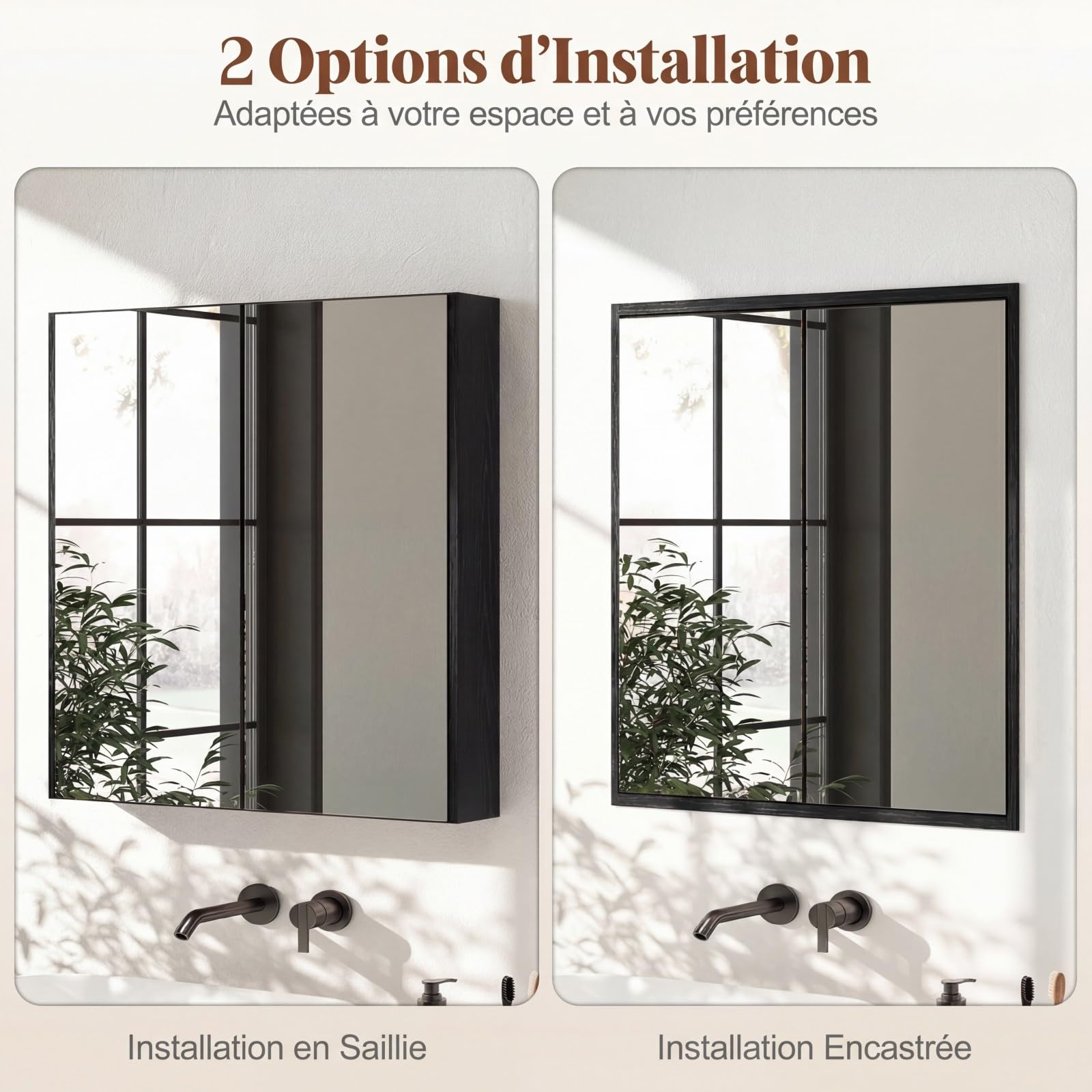COSTWAY Armoire Murale Salle de Bain avec Miroir, 62 x 65 cm, Meuble Salle de Bain, Placard à 2 Niveaux, Installation en Saillie ou Encastrée, Gain de Place (Noir)
