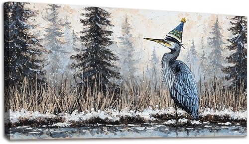 20"x 40" Canvas Wall Art Snow Christmas Winter Vertical Blue Heron Vintage Bird Coastal Framed Pictures Painting Prints Large Wall Art for Living