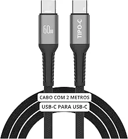Cabo USB-C Tipo C Turbo 60W Premium Ultra Rápido Nylon Trançado e Reforçado Android e Iphone Notebook Tablet Carregamento Transferência de Dados