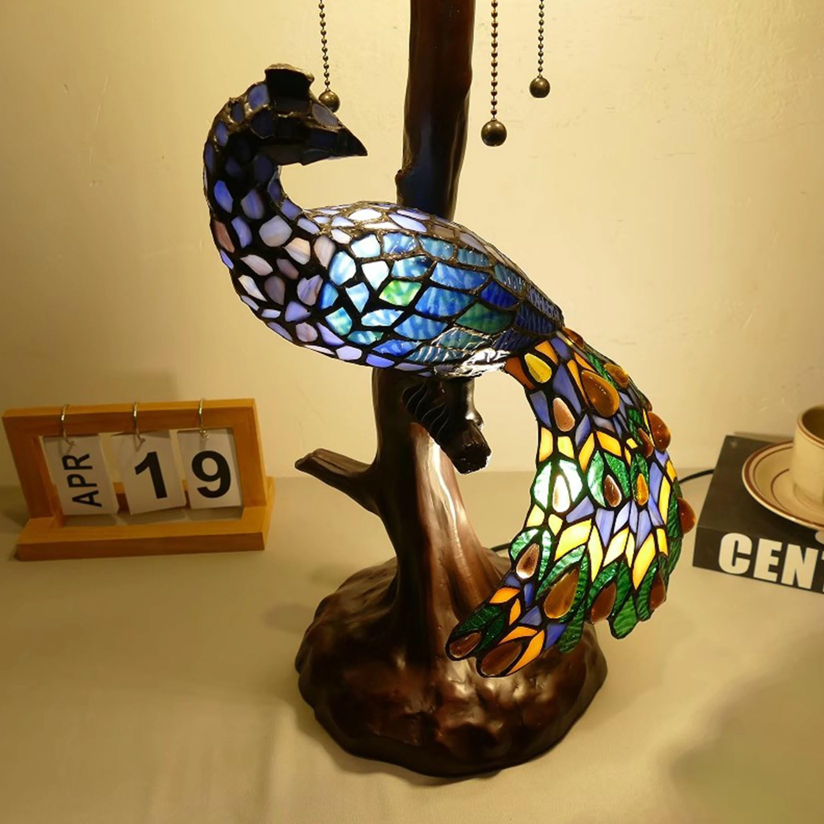 Lampada da tavolo a forma di pavone, paralume in vetro colorato da 45 cm, altezza 79 cm, lampada da comodino con 5 luci, per camera da letto e soggiorno