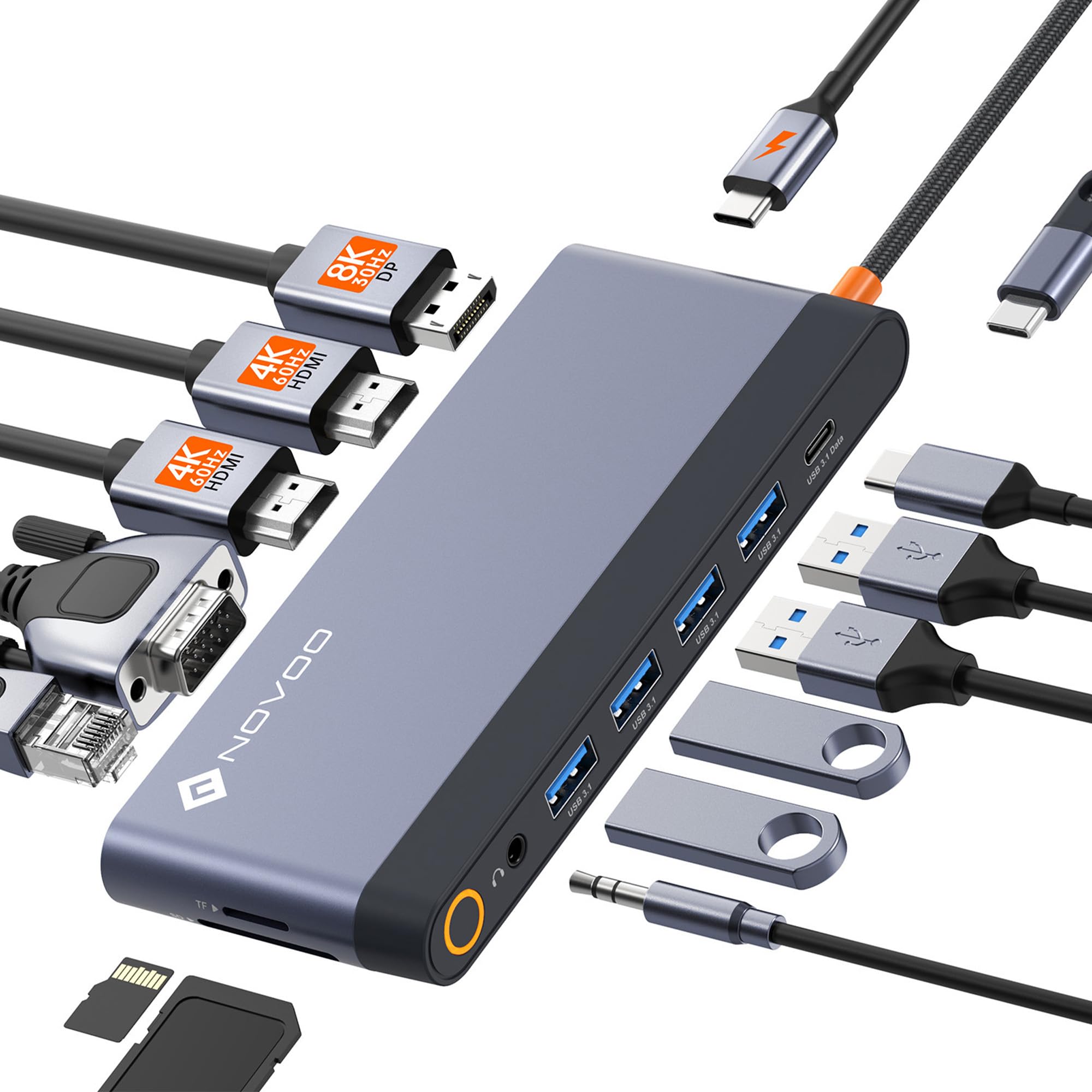 NOVOO Docking Station Dual Monitor, USB C Hub Dual HDMI 4K 60Hz, Displayport, VGA, Gigabit Ethernet, PD 100W, USB x5, SD/TF and 3.5mm Audio, Docking Station for MacBook HP Lenovo Dell