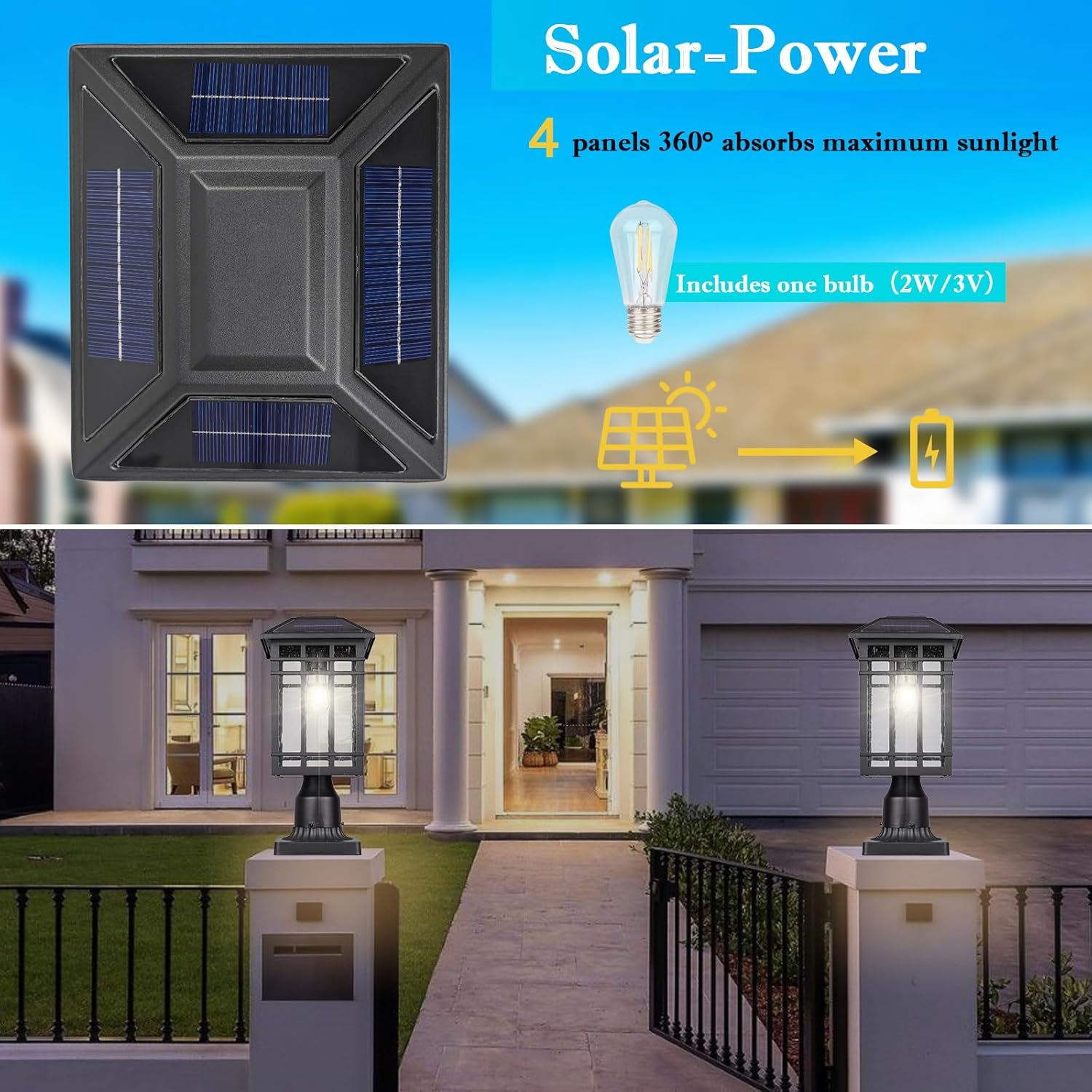 Solar Post Lights, Outdoor Post Lights Solar Powered, Waterproof Anti-Rust Black Post Lights with Seeded Glass, LED Solar Powered Lamp for Front Door, Porch, Garage, and Patio （Bulb Included）SR018-P