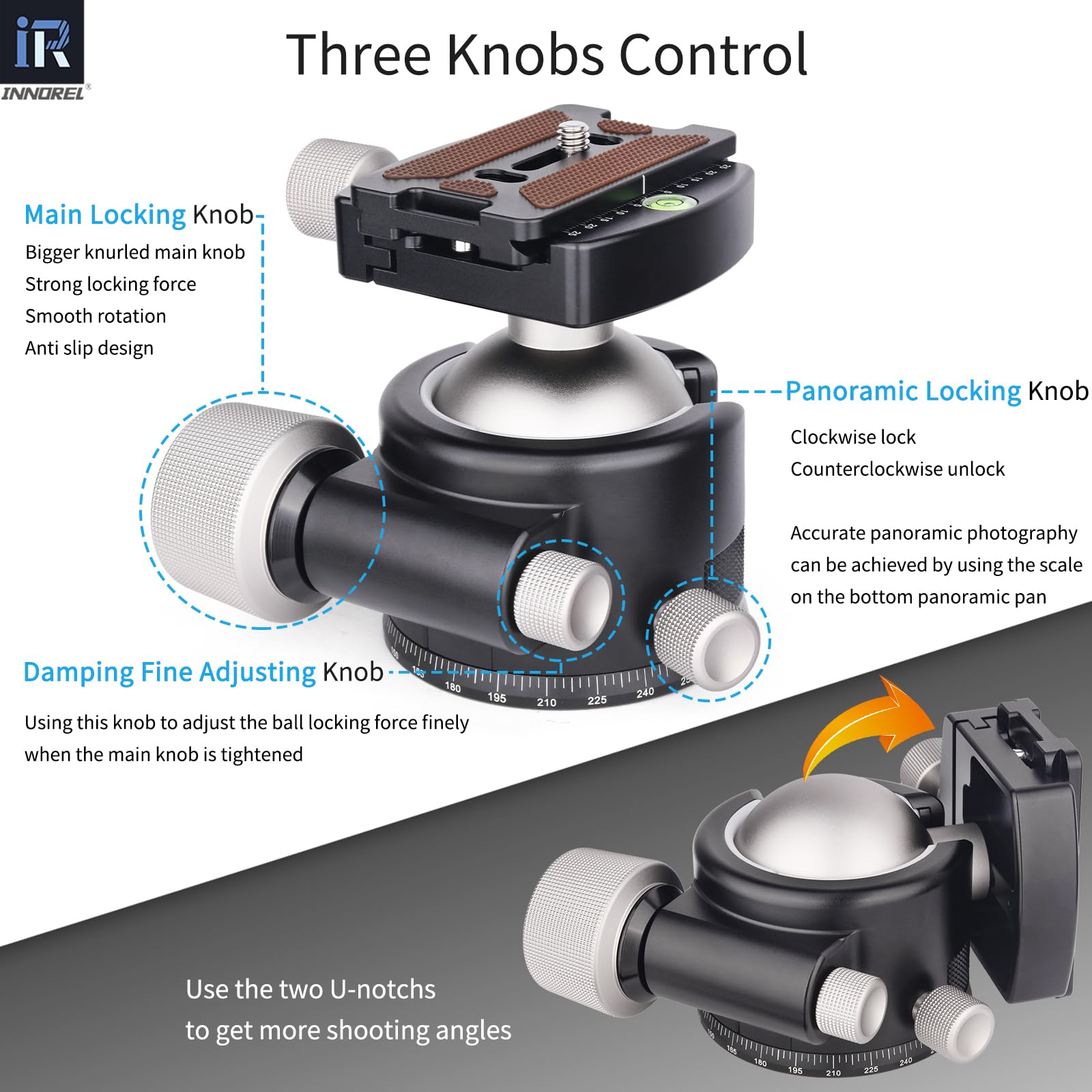 INNOREL Cabezal de bola de trípode de cámara de perfil bajo de 55 mm, CNC de metal resistente, cabezal de trípode panorámico 360 compatible con placa de liberación rápida Arca de 1/4 pulgadas para