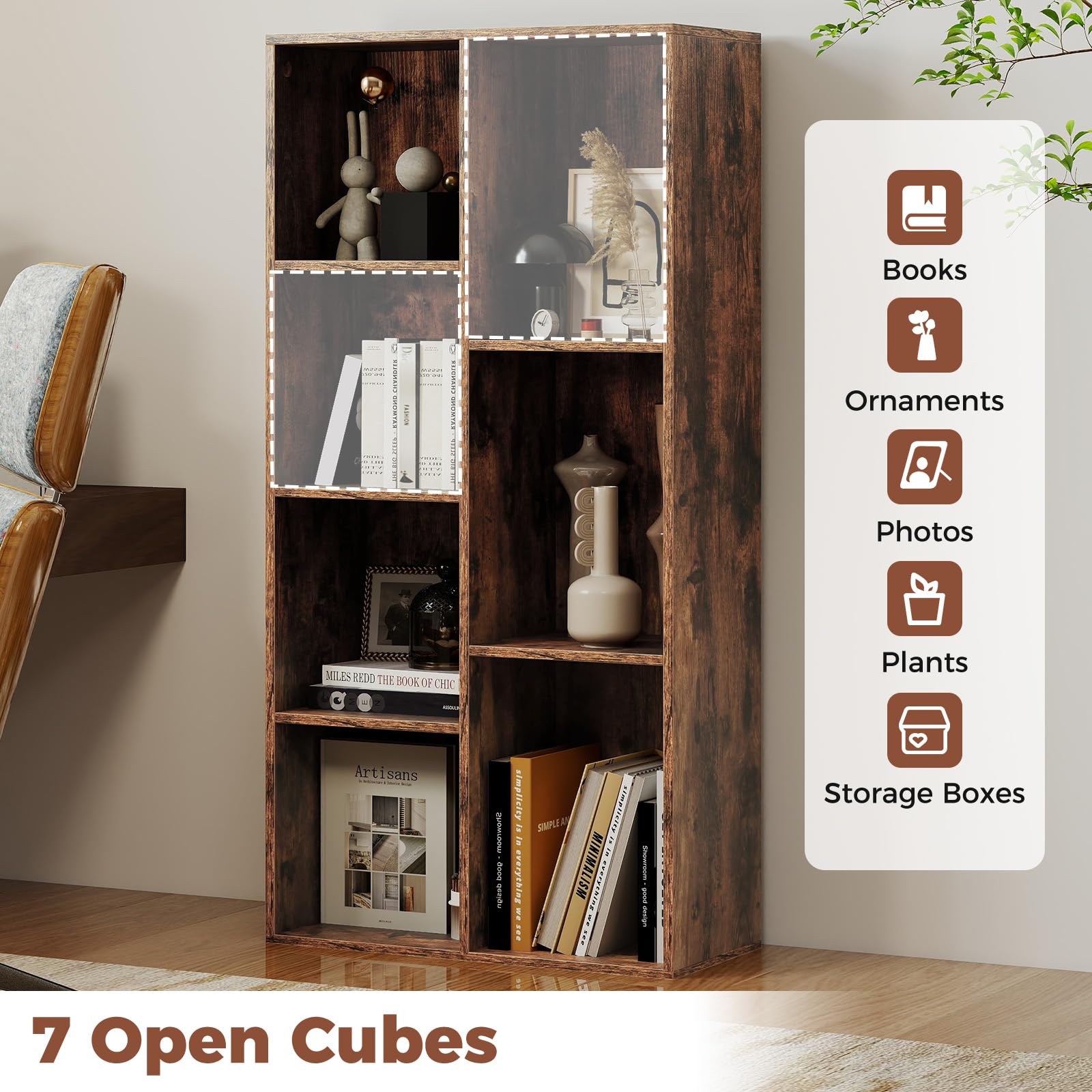 KOMFOTTEU Libreria Verticale con 8 Cubi, Mobile Contenitore in Legno, con 2 Dispositivi Antiribaltamento, Libreria Scaffale per Soggiorno, Camera da Letto, Ufficio, 49,5 x 23 x 106 cm (Marrone)