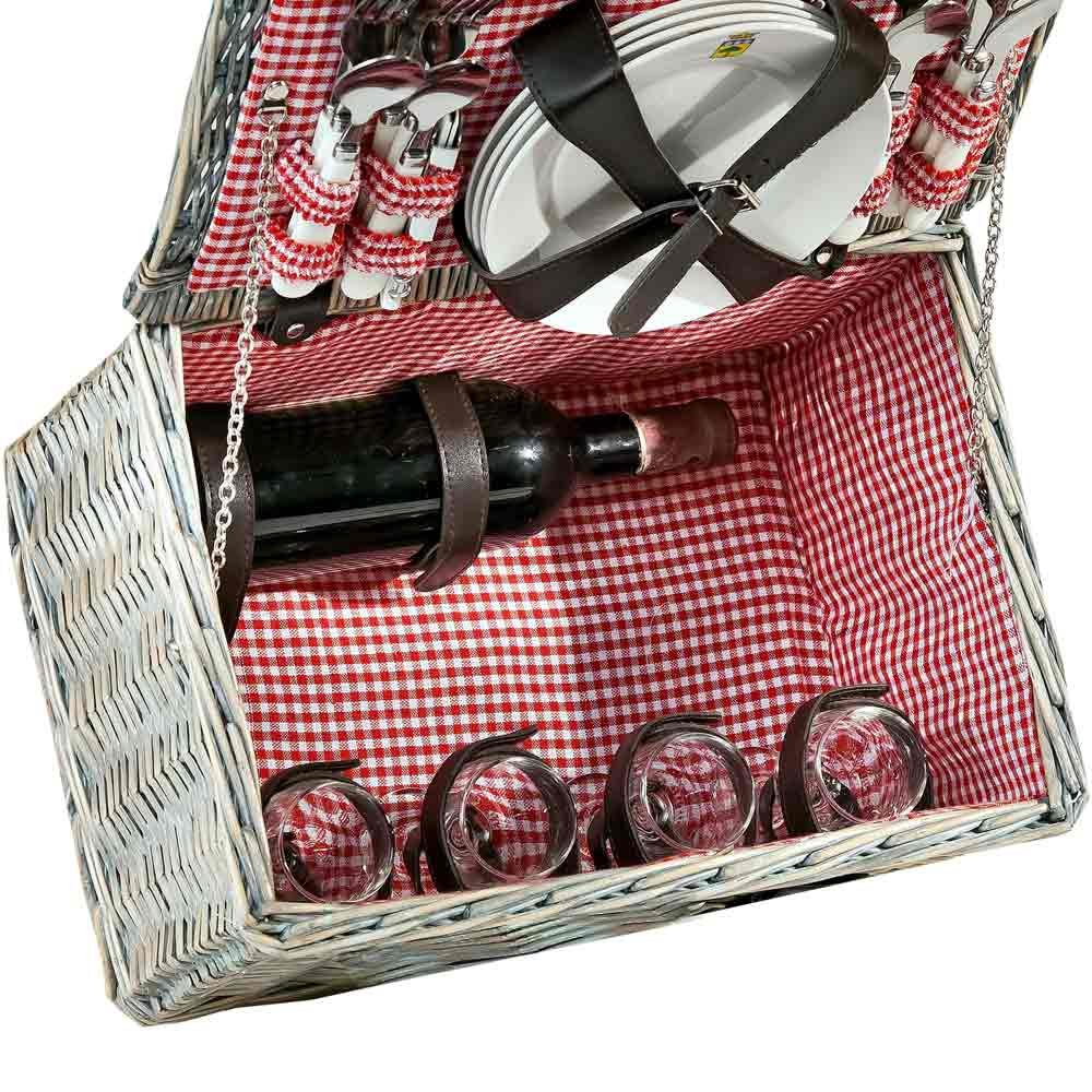 Les Jardins de la Comtesse - Cestino da picnic "Sully" in vimini grigio - 4 persone - Piatti in ceramica/bicchieri da vino - Tessuto Vichy rosso - 40 x 28 x 20 cm