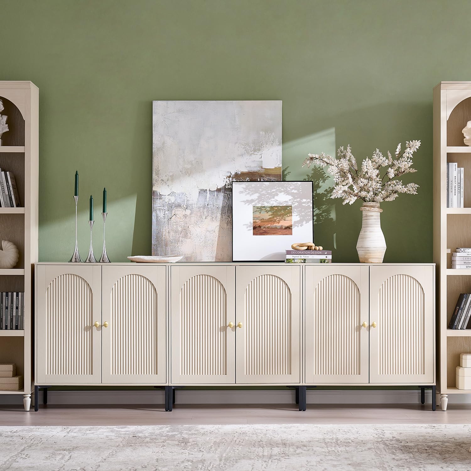 IFGET 92.63" W Modern Arched Sideboard Buffet Cabinet with Storage, Cream