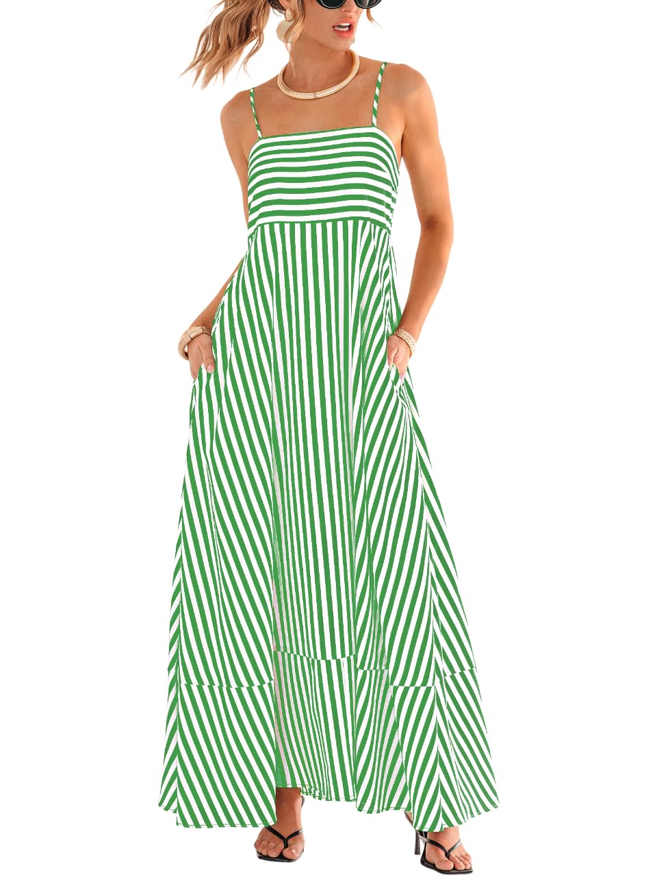 Women Square Neck Striped Sleeveless Cami Maxi Dress with Pockets