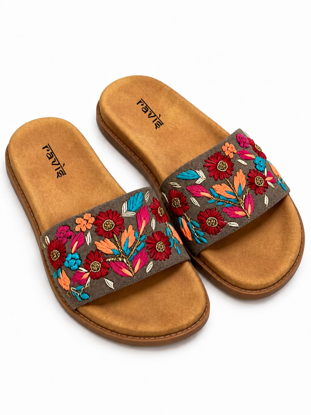 ravis Women StylishWomen Floral Embroidery Daily Wear Slippers Floral Strap Block FLAT for Girls and Ladies-picture-48