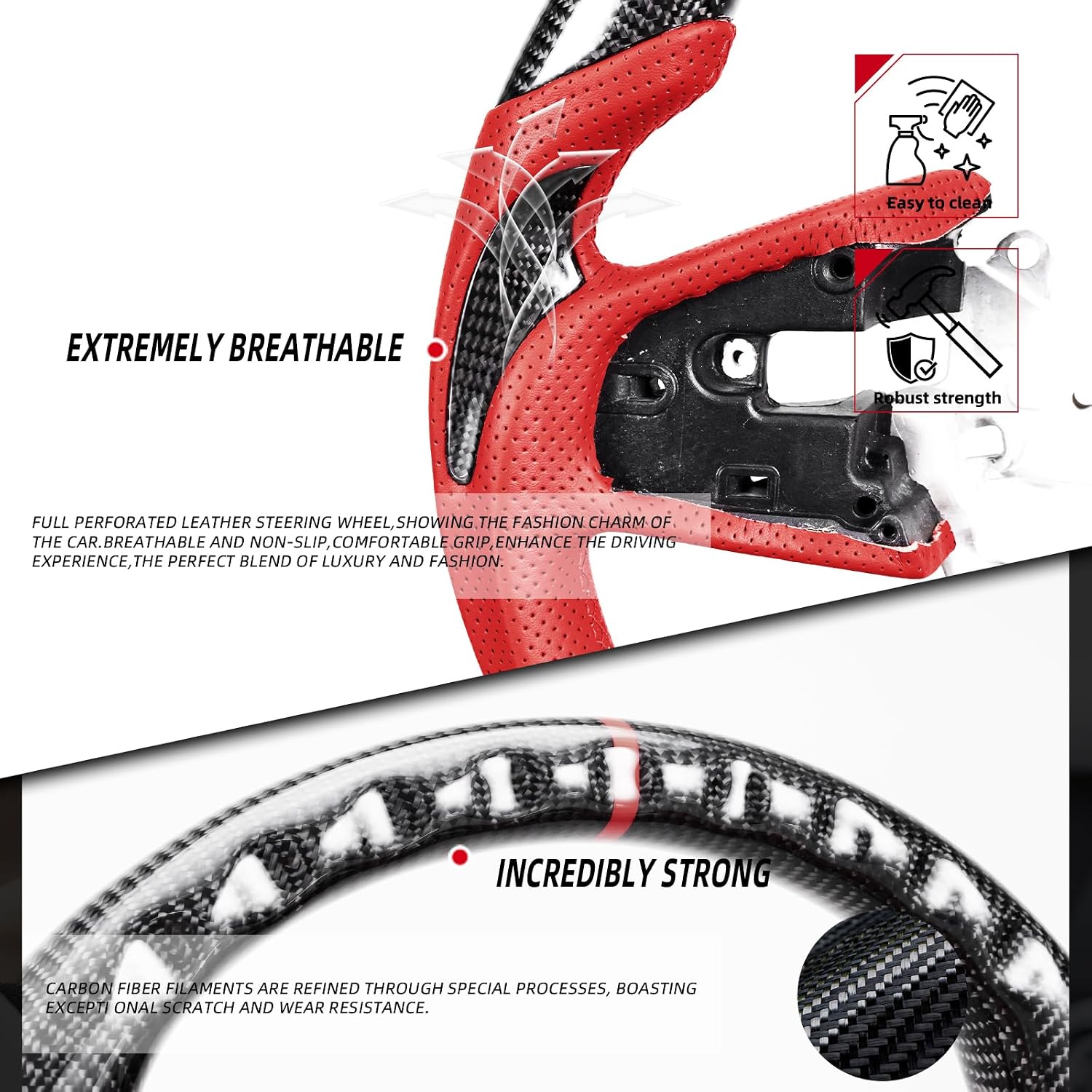 JINAGGAI Carbon Fiber Flat Sport Steering Wheel W/Carbon Fiber Thumb Grips For Honda Civic Gen 10th 2016-2021,Type R FK8 2016 2017 2018 2019 2020 2021,Red Microfiber Leather & Red Indicate