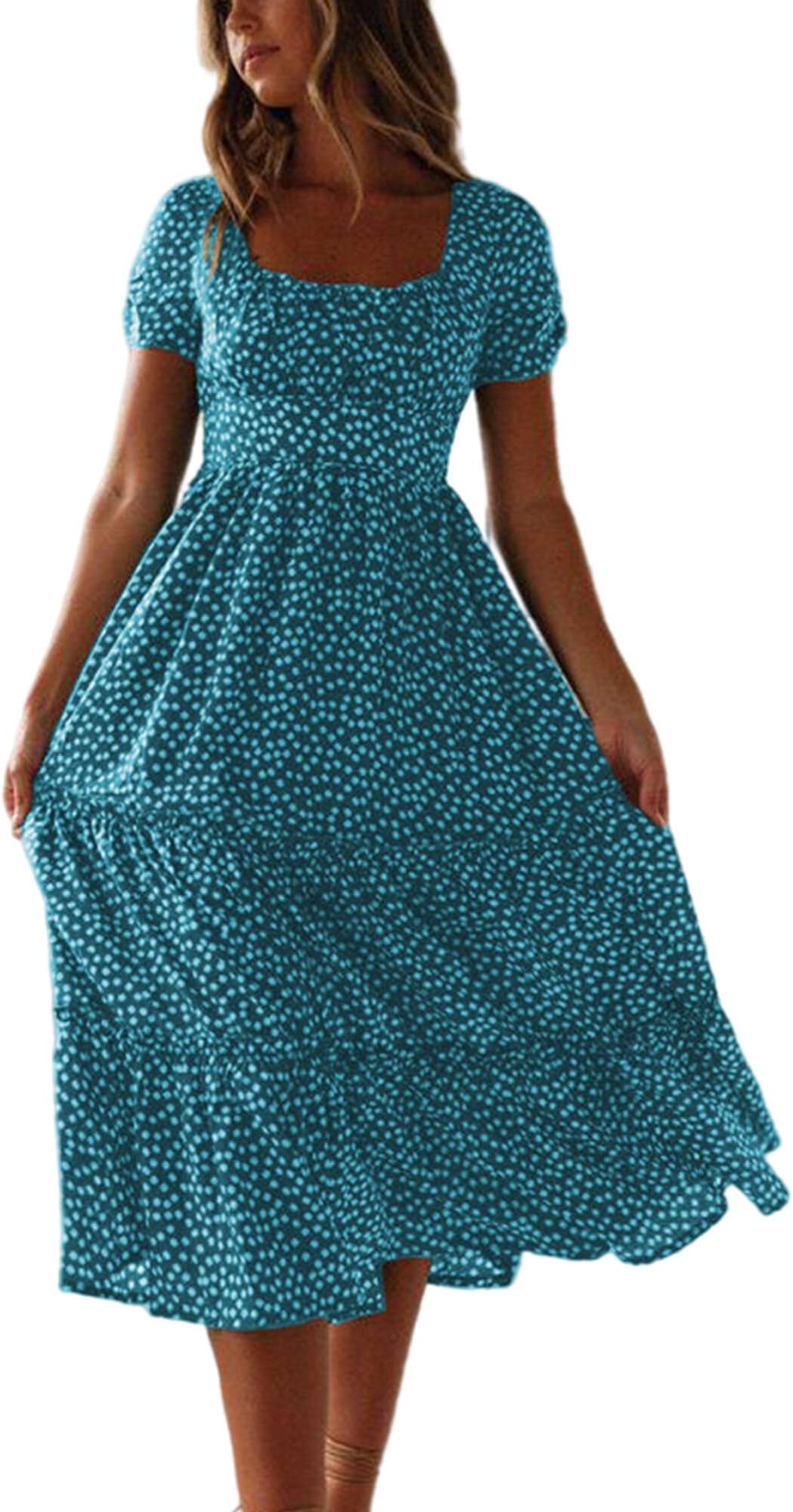 ColishaWomen's Short Puff Sleeve Square Neck Floral Midi Dresses Flared Flowy Chiffon Maxi Dress Summer Beach Holiday Sundress, Navy, S