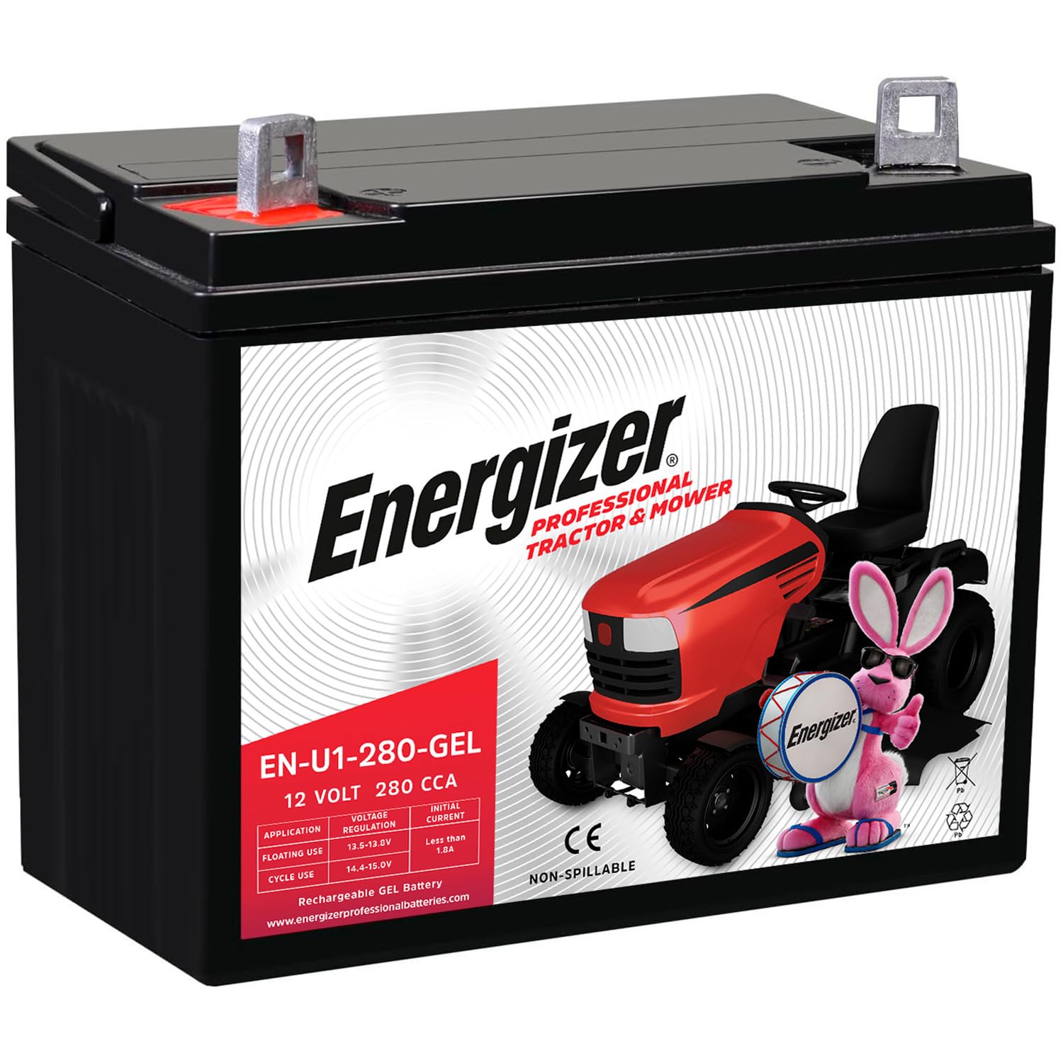 Energizer EN-U1-280-GEL, 12 Volt 280 CCA, Long Lasting Sealed Lead Acid AGM Rechargeable Battery Ideal for Use in Tractors, Lawn Mowers, and More