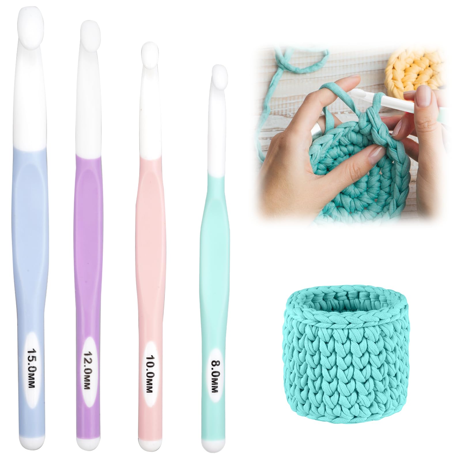 Ergonomische grote haaknaaldenset met rubberen handgrepen, 4 maten: 8,0 mm, 10,0 mm, 12,0 mm, 15,0 mm, kunststof haaknaalden, voor beginners, kinderen, voor het haken van truien, sjaals, tapijten Ergonomische grote haaknaaldenset met rubberen handgrepen, 4 maten: 8,0 mm, 10,0 mm, 12,0 mm, 15,0 mm, kunststof haaknaalden, voor beginners, kinderen, voor het haken van truien, sjaals, tapijten