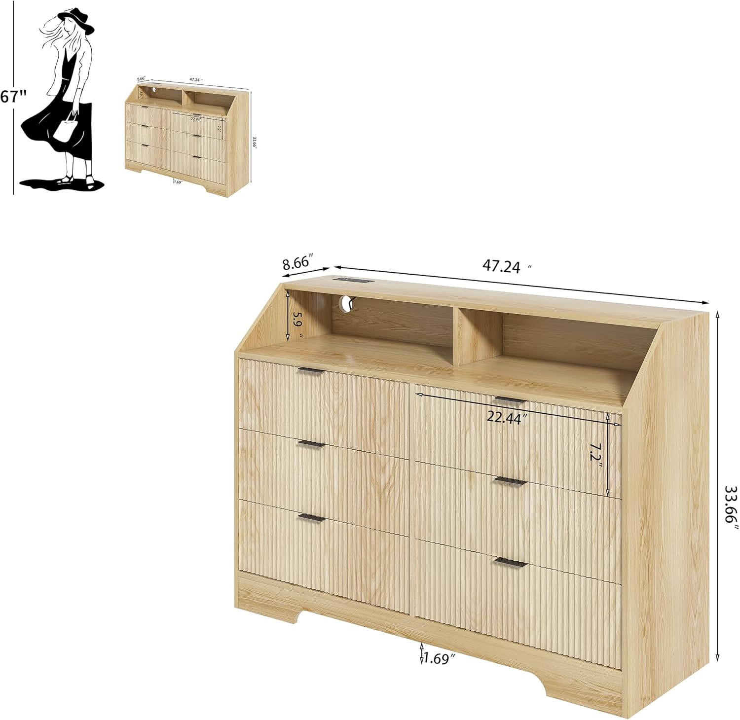 Fluted Dresser for Closet, Boho Bedroom 6 Drawer Dresser TV Stand with Charging Station, Oak Wide Chest of Drawers, Farmhouse Wood Closet Clothes Storage for Living Room, Metal Handle, 47"