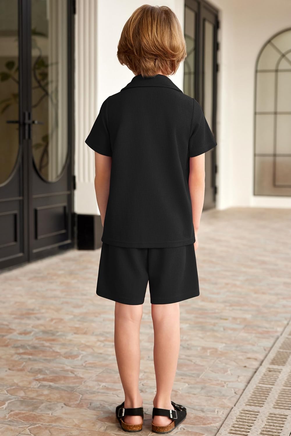 Arshiner Toddler Boys 2 Piece Summer Outfits Waffle Knit Short Sleeve Button Down Shirt & Casual Shorts Sets Size 2-7 - Image 5