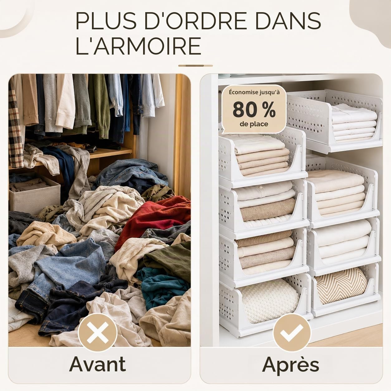 RMAN Lot de 3 Rangement Vetement, Organisateur Armoire Vetement Blanc