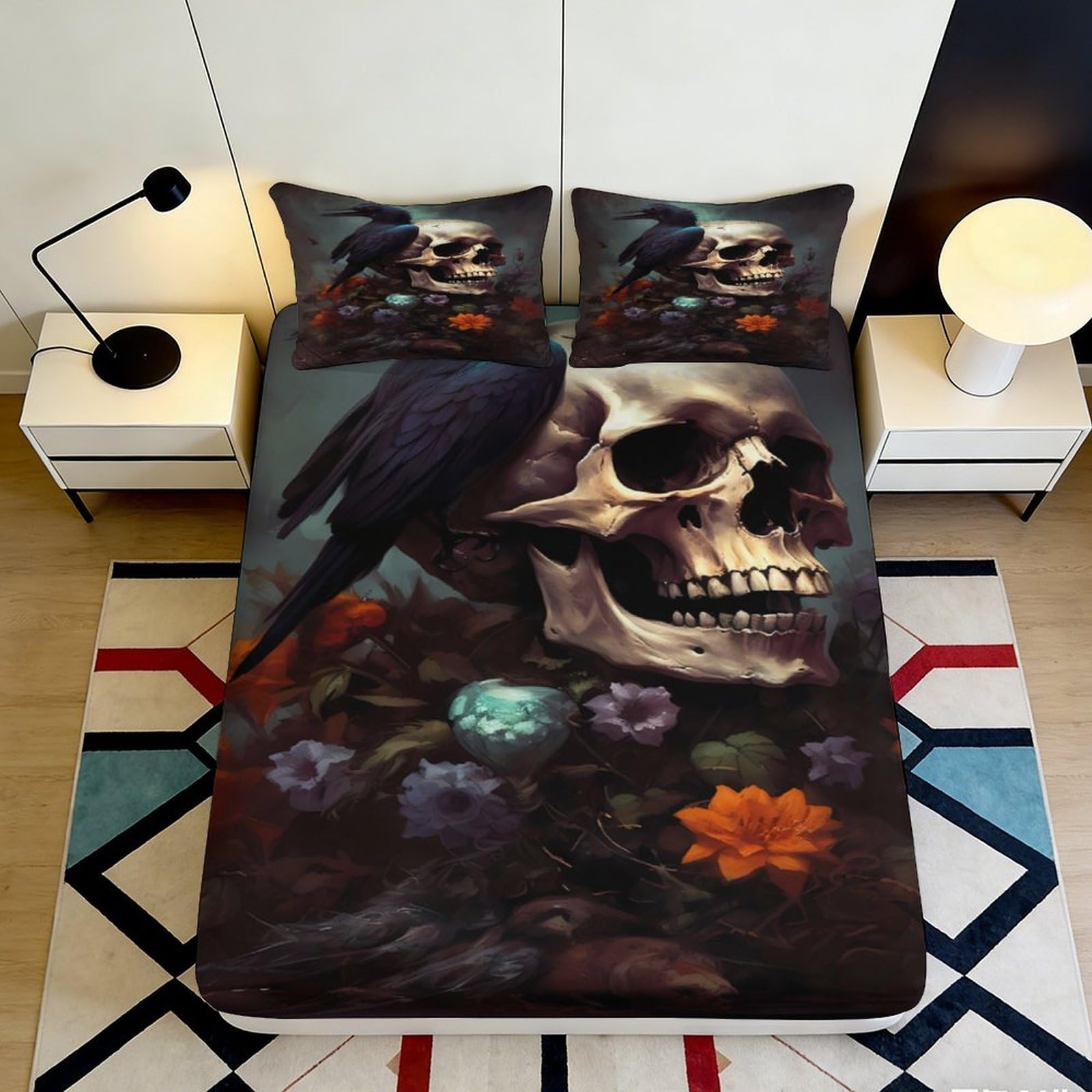 3D Printed Skull Raven Fitted Sheet Microfiber Deep Pocket Non-Slip Bedroom Skull Raven Mattress Fitted Cover Washable Full Wrap 200x200x25cm 90x200x25cm