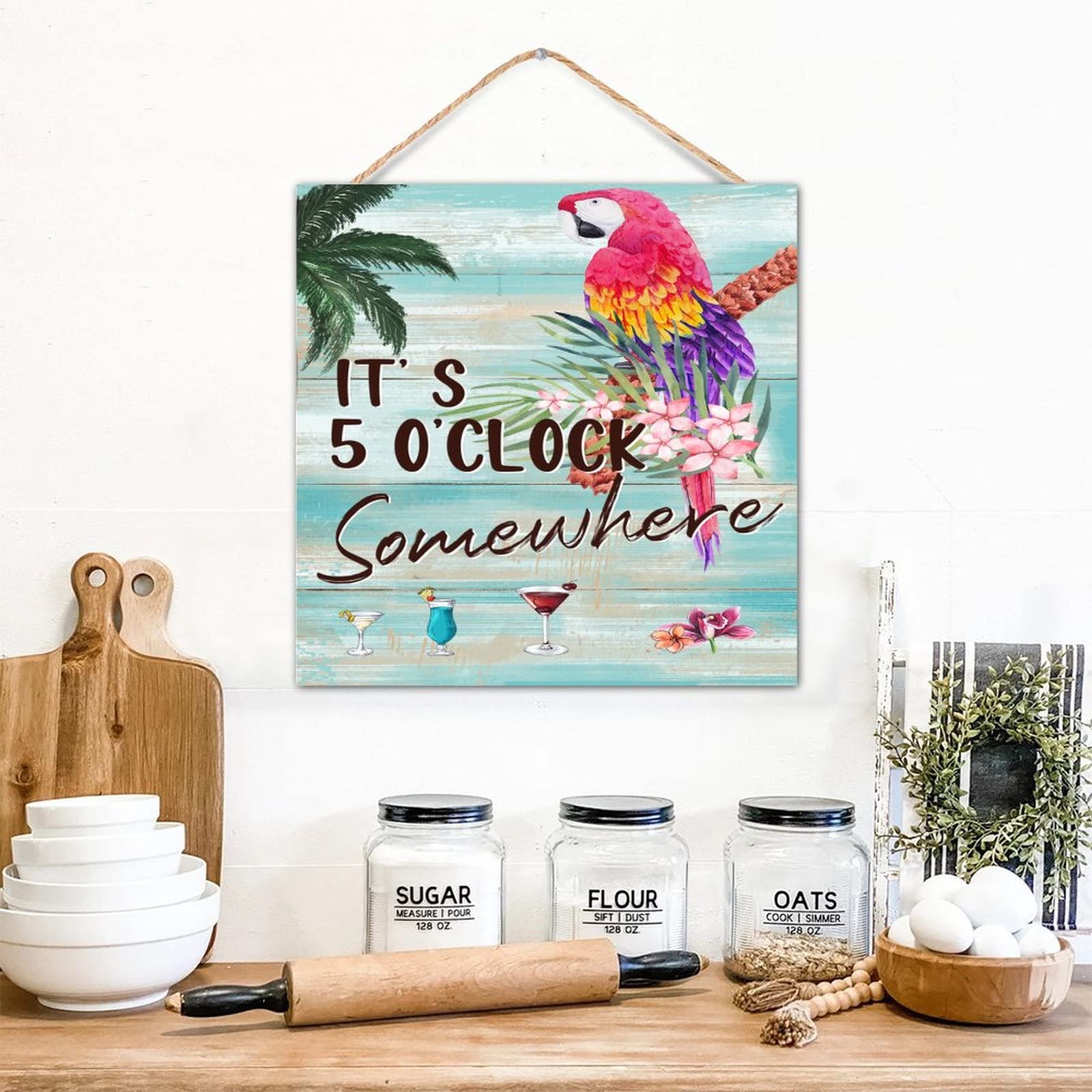 Panneau mural en bois rétro 30,5 cm avec perroquet et flamingo de plage