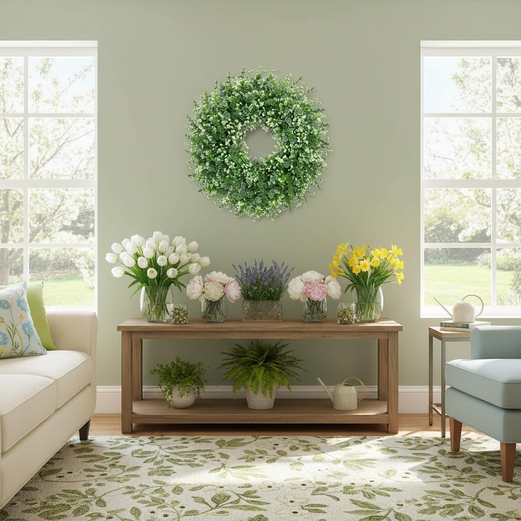 Eucalyptus Wreath for Front Door - 26'' Artificial Spring Greenery Wreath with Fake Eucalyptus Leaves, Front Door Wreath for All Seasons, Porch, Wall, Window, Farmhouse Decor