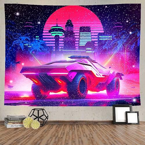 Car Tapestry Wall Hanging Retro 80s Neon Punk Cityscape Car Poster Tapestry for Bedroom Mens 80x60 Inches Futuristic Urban Skyscraper Tapestries for