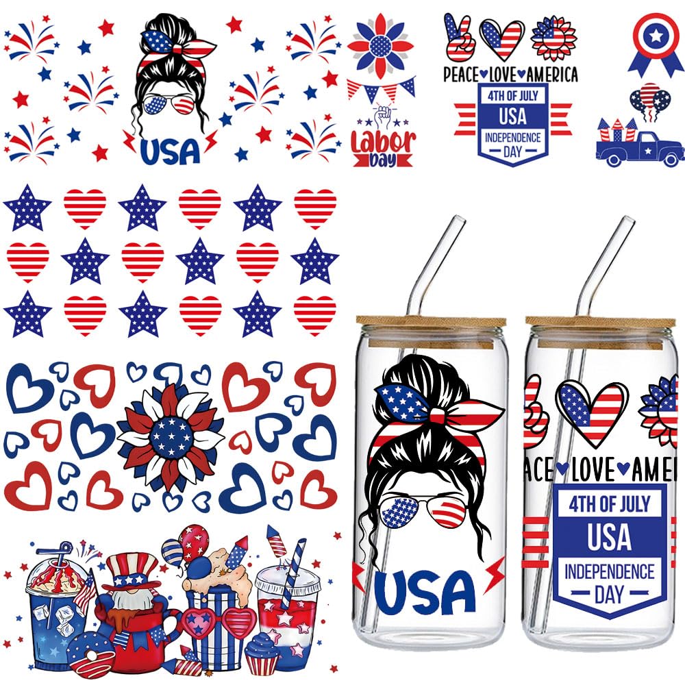 UV DTF Cup Wraps Transfer Stickers: 5Pcs 4th of July UV DTF Cup Wraps for 16 oz Glass Tumblers Bottles Libbey, Watercolor Independence Day Uvdtf