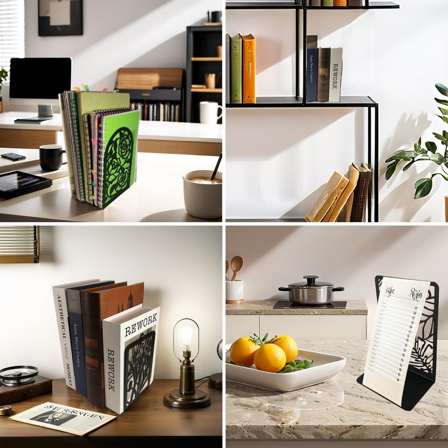 Book Ends, Decorative Bookends for Shelves, Black Book Holders for Home Office, Non-Skid Books Supports for Desk, Cute Bookrack for Cookbooks, Metal Book Stoppers for Heavy Books, 4 Pairs