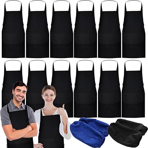 Paquete de 12 delantales con peto, delantales negros con 2 bolsillos, delantales lisos unisex negros con lazos largos, delantales de cocina para