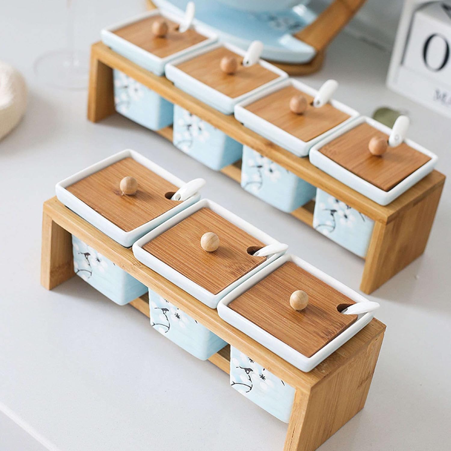 Sugar Bowl ,sugar pot, Sugar Bowl with Lid , Plum Blossom Sugar Bowl with Lid and Spoon, Ceramic Sugar Pot, Sugar Container Spice Jar, Kitchen Decoration Storage-Light Blue-4 Set (Color : Light Blue,