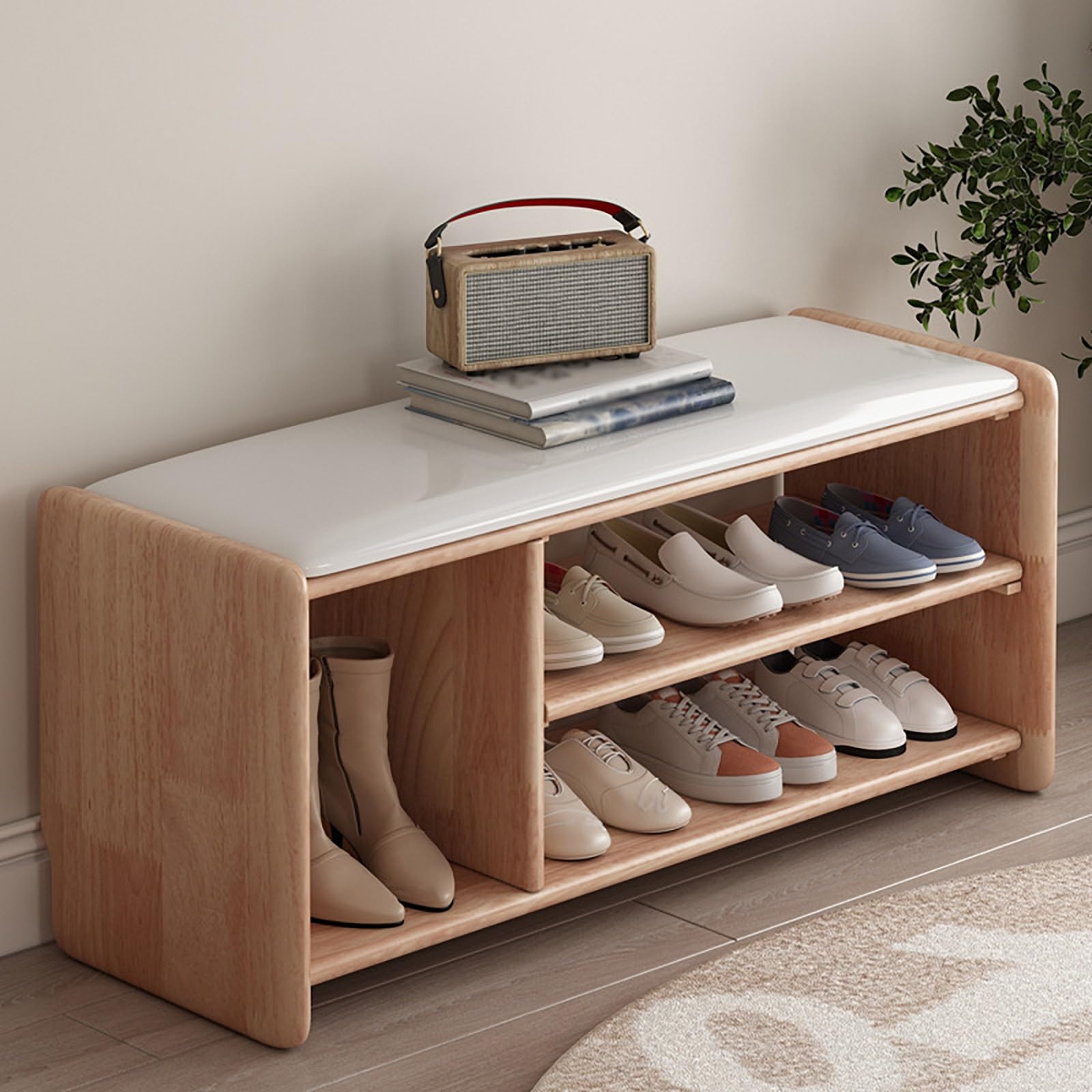 LWJSOCP Entryway Shoe Rack Bench with Cushions and Storage Solid Wood 2 Tier Shoe Rack for Bedroom Living Room Beige (80cm/31.5")