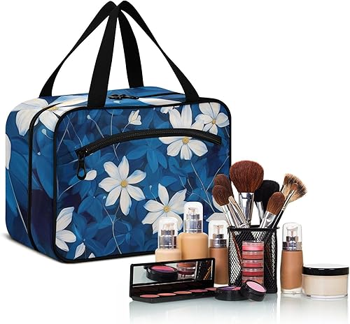 Miniatura 6 de FLORES y blancos Azul oscuro Elegantes bolsos colgantes para mujer impermeable con gancho, diseñador impermeable acolchado bolsa de maquillaje