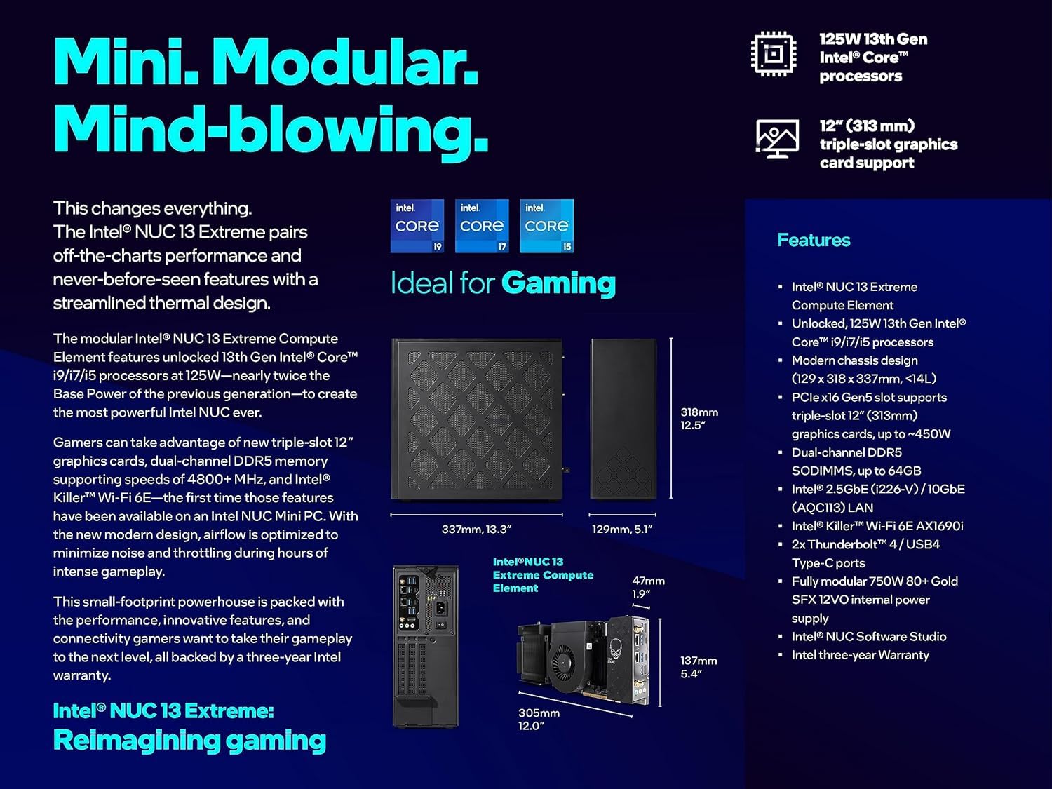 Intel NUC 13 Extreme Raptor Canyon Mini Gaming PC NUC13RNGi7, 13ª generación Core i7-13700K, 5.4 GHz, 16 núcleos, 24 hilos, WiFi 6, Bluetooth 5.2, Intel UHD Graphics 770 (sistema Barebone)
