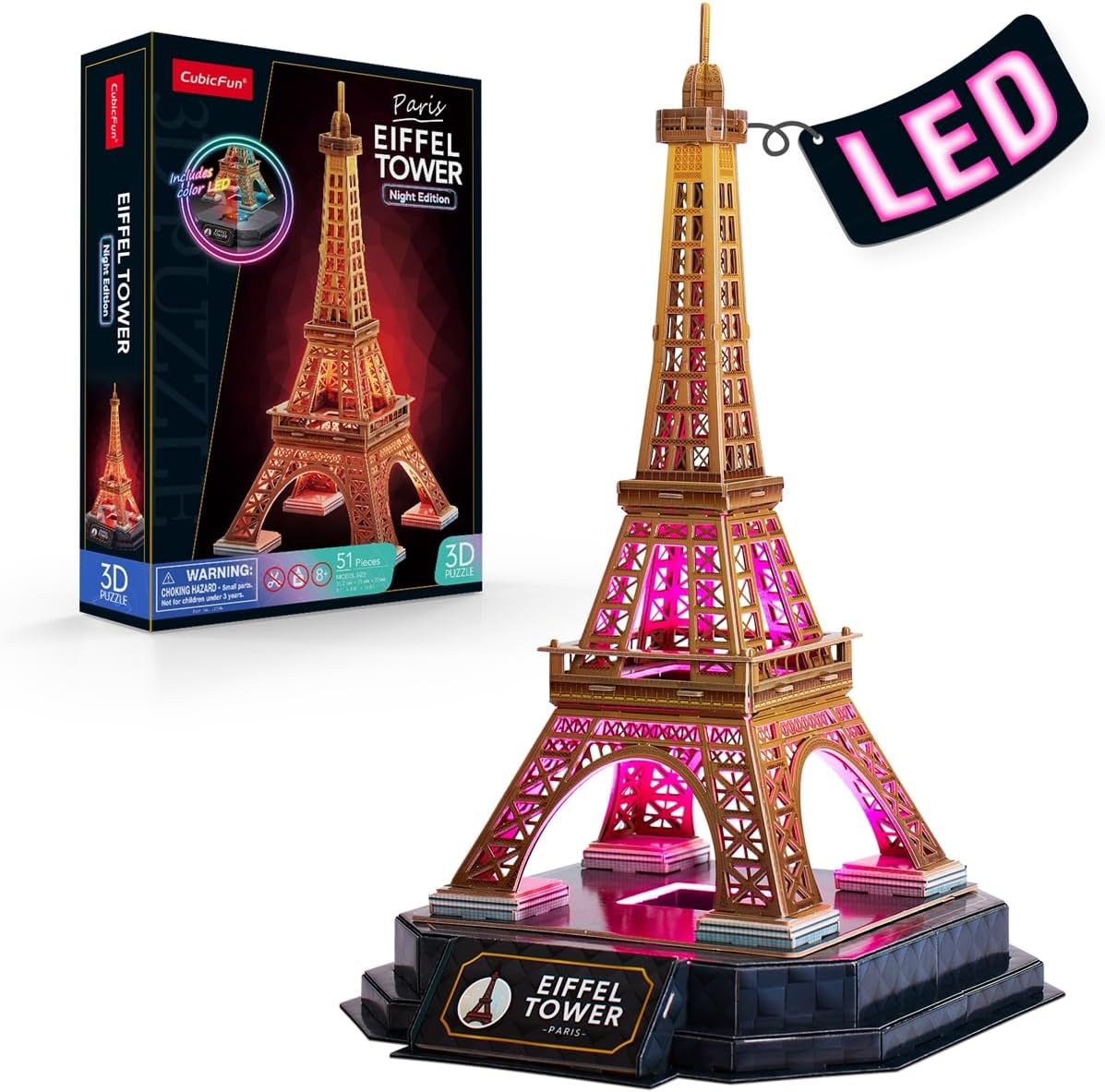CubicFun Eiffel Tower 3D LED Puzzle illuminated with colorful lights