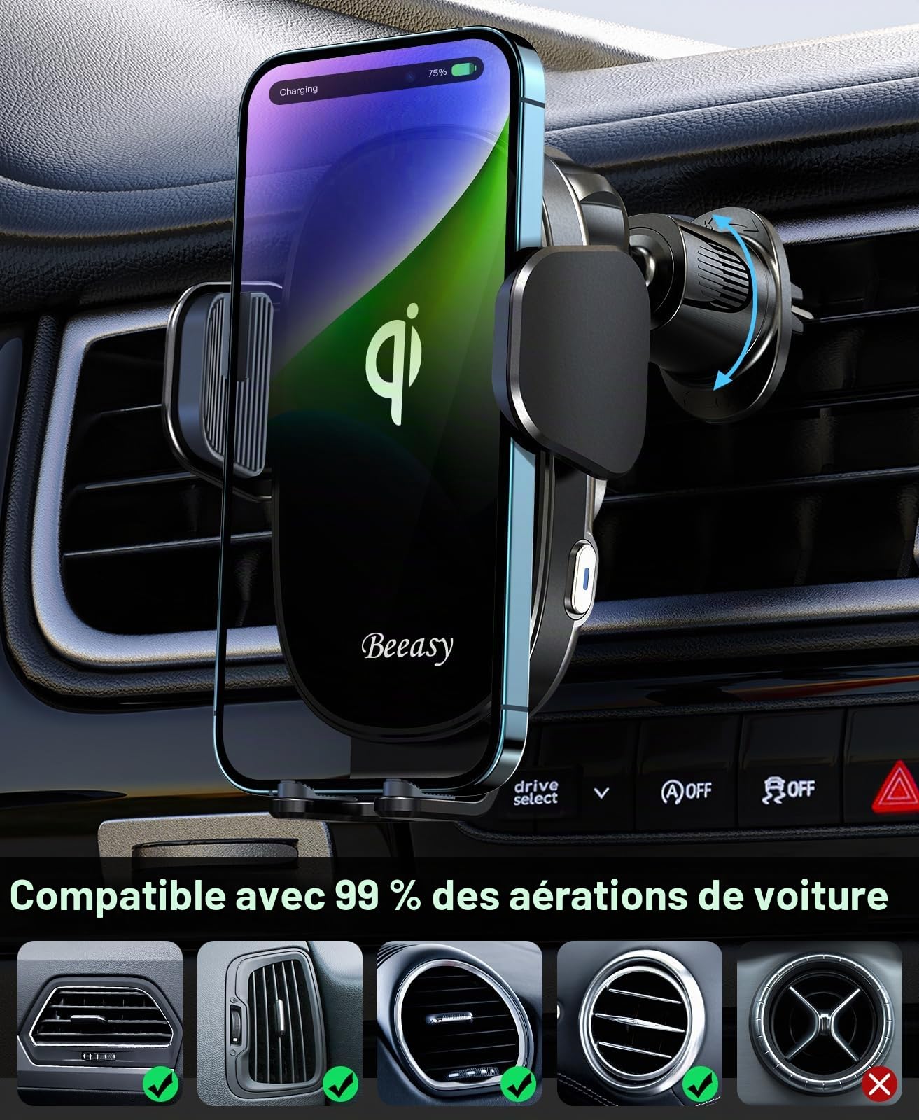 Beeasy Chargeur Induction Voiture 15W Qi, Chargeur sans Fil Voiture Rapide Porte Sortie d'air, Auto Serrage Support Téléphone Induction Voiture pour iPhone/Samsung/Xiaomi