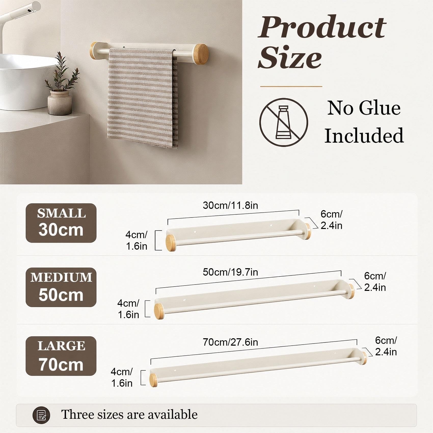 Portasciugamani Bagno Senza Foratura, Impermeabile & Antiruggine Adesivo | Barra Porta Asciugamani in Acciaio Inox e Legno, Organizzatore Salvaspazio a Parete per Cucina, 30/50/70cm(70cm/27.6in)