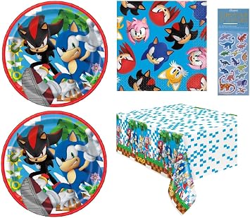 Sonic Birthday Party Supplies Bundle includes 16 Dessert Cake Paper Plates 7", 16 Paper Napkins 6.5", 1 Plastic Table Cover 54" x 84", 1 Dinosaur Sticker Sheet