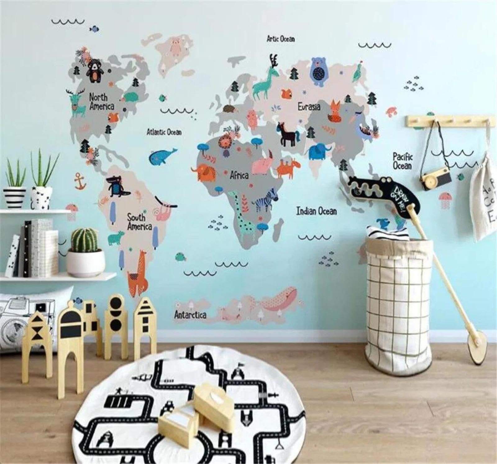 Tzxztt Hand Drawn Cartoon World Map Animals Modern 3D Wallpaper Premium Textured Silk Neutral Tones Material Ideal for Living Room Bedroom-250cm×170cm