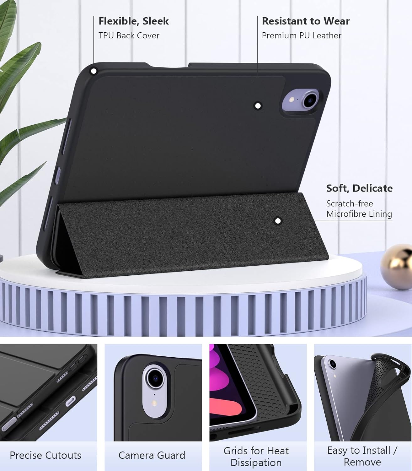 MoKo iPad Mini 6 Case with Pencil Holder (8.3 Inch,2021 Model), iPad Mini 6th Generation Case [Apple Pencil 2nd Charging], Trifold Stand Smart Case with Soft TPU Back, Auto Sleep/Wake, Black