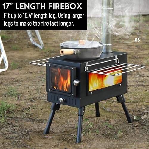 Miniatura 2 de Preself Estufa de tienda de campaña caliente, ventana lateral grande, estufa de leña de invierno para calefacción, cocina, camping, caza (XL)
