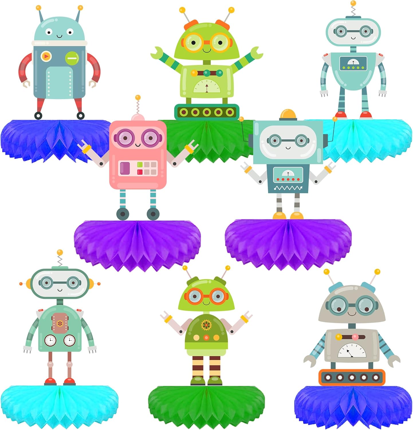 8 Pieces Vibrant Robot Honeycomb Ball Centerpieces & Standing Table Toppers Decorations Set for Robots Birthday Party Supplies, Baby Shower Decor, Family Reunion, Classic Robot Design, Easy Assemble