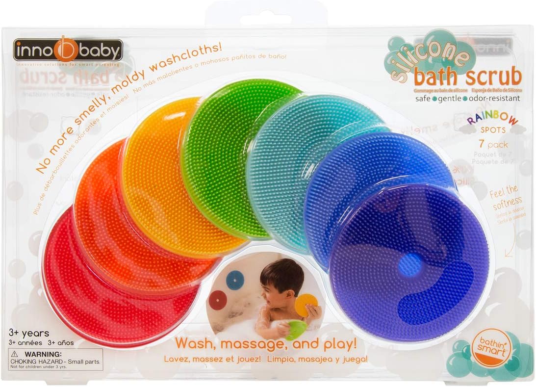 Innobaby Bathin' Smart Rainbow Spots Silicone Bath Scrub for Kids and Toddlers, 7-Pack Value.