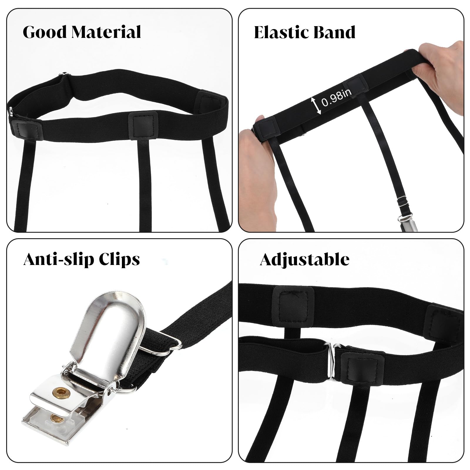 Thigh High Garter Belts for Women with Anti Slip Clips Adjustable Elastic Garter Belt Black Shirt Stays for Thigh High Socks Stockings and Shirts