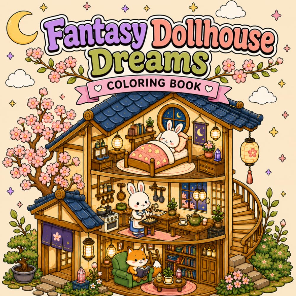 Fantasy Dollhouse Dreams Coloring Book for Adults and Teens | Cozy Japanese Miniature Houses, Cute Animal Rooms & Relaxing Fantasy Scenes
