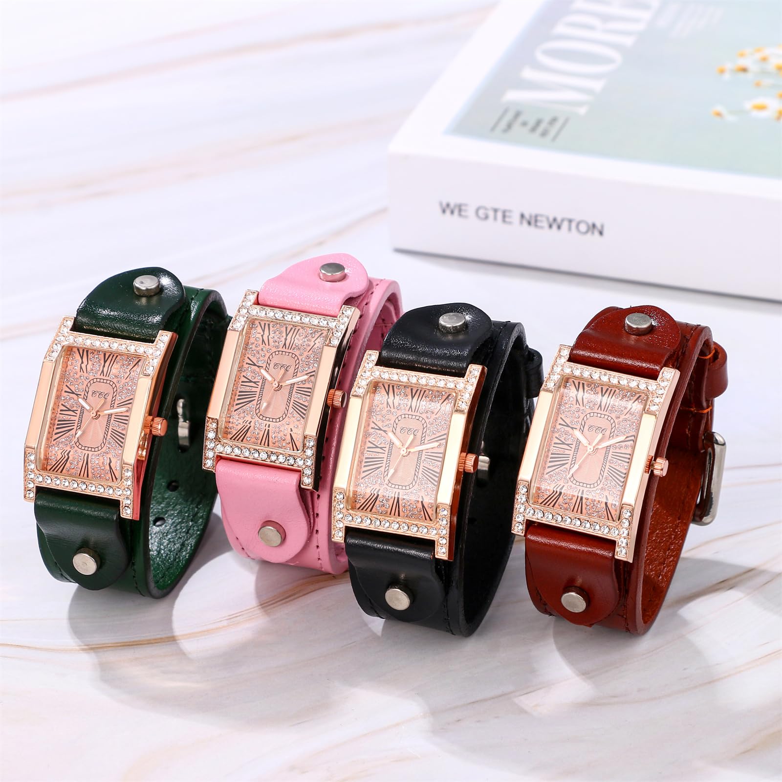 JewelryWe Zegarek damski prostokątny skórzany zegarek: 4 szt. Steampunk Vintage analogowy zegarek kwarcowy damski PU skórzany pasek z cyrkoniami diamentami zegarek z cyframi rzymskimi prostokątna