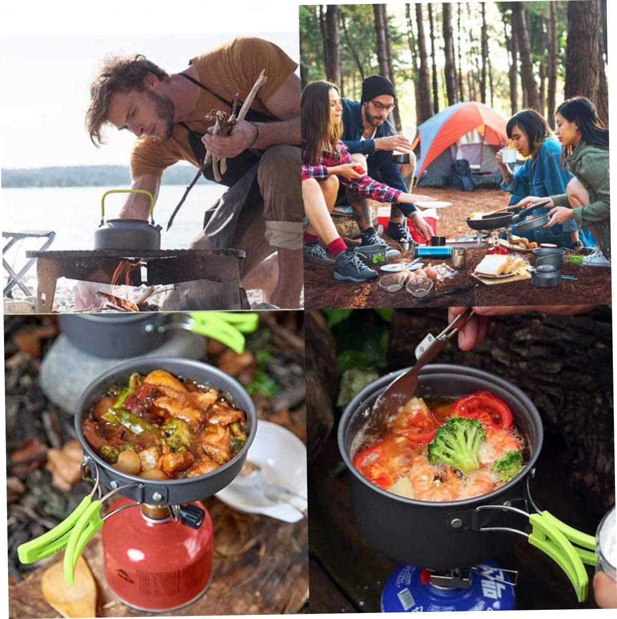 -1 Camping Cooking Kit 11pcs Portable Camping Cookware Pot Pan Bowl Spoon Fork Cutlery Non-Stick Ideal for Hiking Backpacking