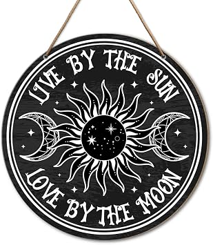 Gothic Witch Sign Wall Decor, Halloween Witch Pagan Round Wood Hanging Sign Decorations, Sun And Moon Witchy Decor for Home Front Door Porch, Witch Gifts for Women, Live By the Sun Love By the Moon