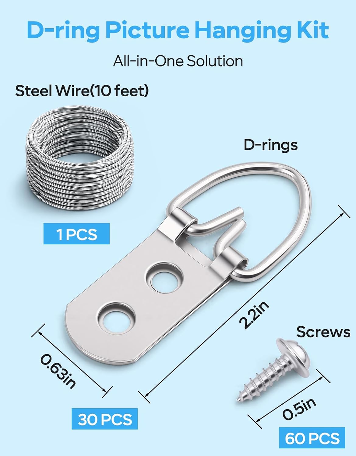 D Ring Picture Hanging Kit with Screws Kit, 30 Double Hole Hangers & 60 Screws with 1 Steel Wire Rope, Professional Wall Hooks for Art Frames and Mirror Wall Mounting Frames Mirrors Canvas