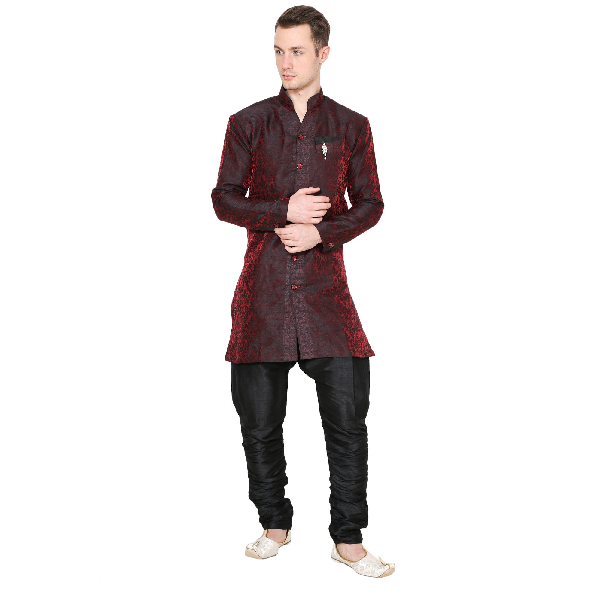 royal kurta Men's Silk Blend Floral Indowestern Sherwani Red-picture-20