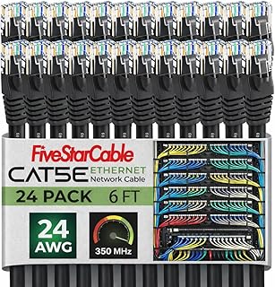 FiveStarCable 24 Pack Snagless Short Cat 5e Ethernet Cable – 6 Ft, High-Speed Internet Network Cable, PoE, RJ45 Connector, Gigabit LAN Patch Cord for Router, Modem, PC, Gaming, Sm…
