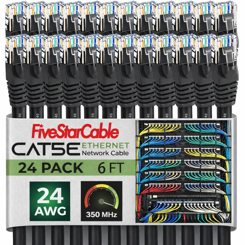 FiveStarCable 24 Pack Snagless Short Cat 5e Ethernet Cable - 6 Ft, High-Speed Internet Network Cable, PoE, RJ45 Connector, Gigabit LAN Patch Cord for Router, Modem, PC, Gaming, Smart TV, PS5, Black