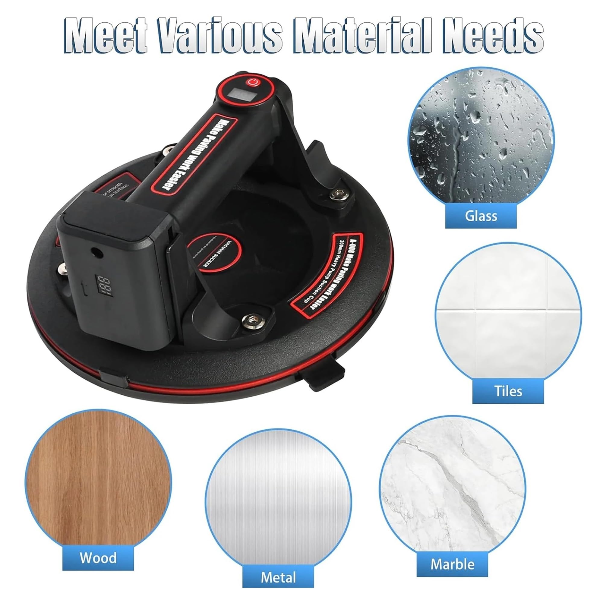 Ventouse électrique de 8 pouces, capacité charge 200 kg, for charges lourdes, adaptée au granit, carrelage, verre, avec batterie rechargeable Outil d'installation